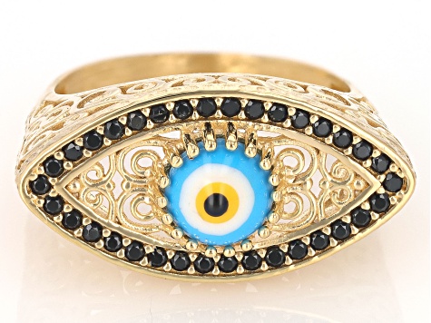 Enamel & Black Spinel 18K Yellow Gold Over Sterling Silver Evil Eye Ring