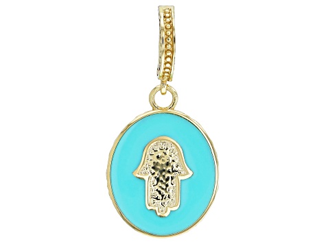 Turquoise Color Enamel 18K Yellow Gold Over Sterling Silver Hamsa Hand Pendant