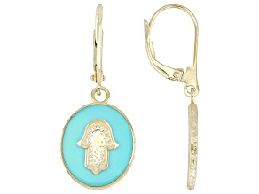 Turquoise Color Enamel 18K Yellow Gold Over Sterling Silver Hamsa Hand Earrings