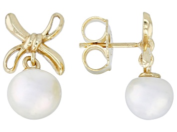 Picture of 8-8.5mm Cultured Freshwater Pearl 18K Yellow Gold Over Sterling Silver Bow Earrings