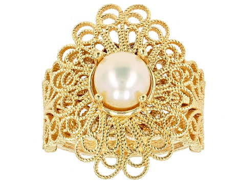 Cultured Freshwater Pearl 18K Yellow Gold Over Sterling Silver Filigree Ring 6.5-7mm