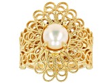 Cultured Freshwater Pearl 18K Yellow Gold Over Sterling Silver Filigree Ring 6.5-7mm