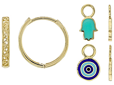 Multi-Color Enamel 18K Yellow Gold Over Silver Hamsa Hand & Evil Eye Charm Earrings Set