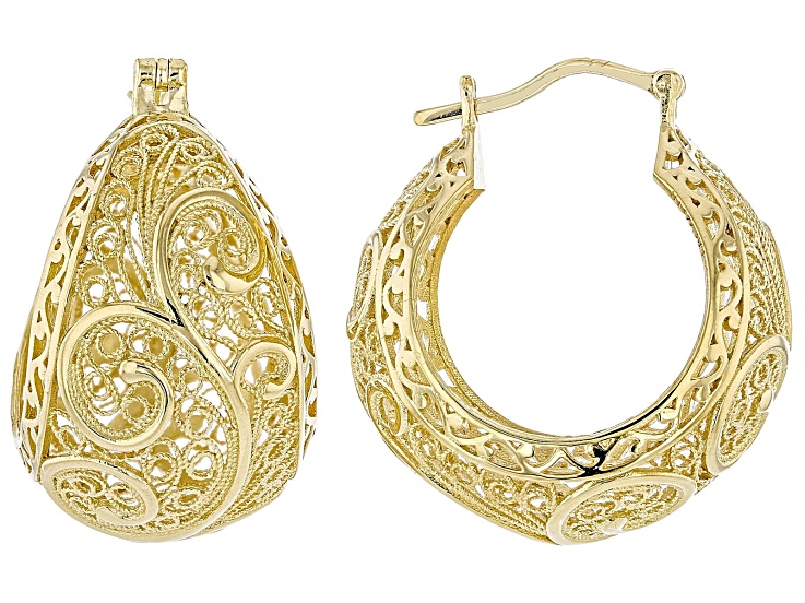 18K Yellow Gold Over Sterling Silver Filigree Bubble Hoop Earrings