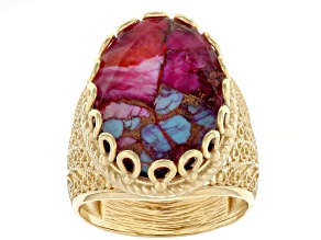 Blue Composite Turquoise & Purple Spiny Oyster Shell Doublet 18k Gold Over Silver Ring 18x13mm