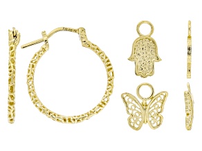 18K Gold Over Sterling Silver Filigree 20mm Hoop Earrings With Butterfly & Hamsa Hand Charms