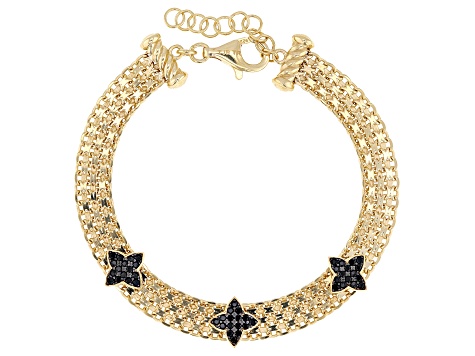 Black Spinel 18K Gold Over Sterling Silver Quatre Foil Station Bracelet 0.012ctw