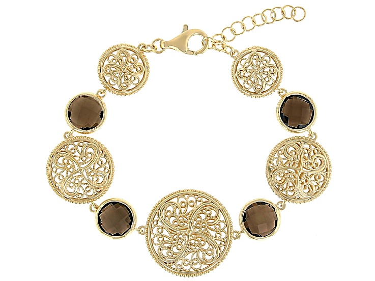 Smoky Quartz 18K Gold Over Sterling Silver Disc Station Bracelet 3.30ctw