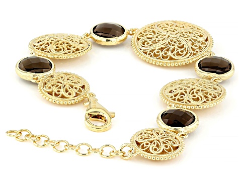 Smoky Quartz 18K Gold Over Sterling Silver Disc Station Bracelet 3.30ctw