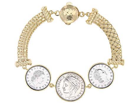 Toscana Italiana 18K Gold Plated Genuine Lira Coin Greek Key Cuff Bracelet