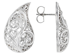 Rhodium Over Sterling Silver Filigree Teardrop Earrings