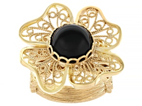 Black Onyx 18K Gold Over Sterling Silver Floral Ring, 10mm