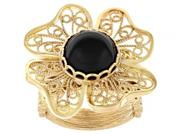 Picture of Black Onyx 18K Gold Over Sterling Silver Floral Ring, 10mm