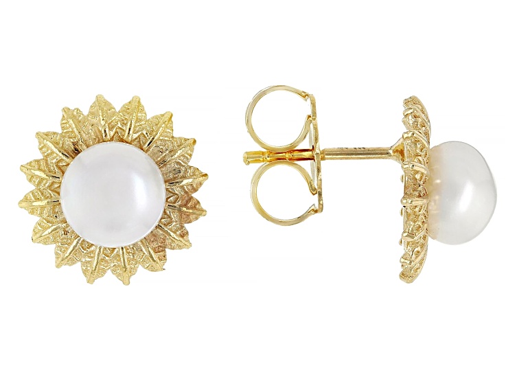 White Cultured Freshwater Pearl 18K Gold Over Silver Sunburst Stud Earrings, 6.5-7mm