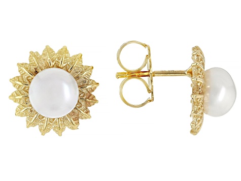 White Cultured Freshwater Pearl 18K Gold Over Silver Sunburst Stud Earrings, 6.5-7mm