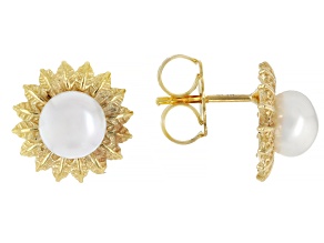 White Cultured Freshwater Pearl 18K Gold Over Silver Sunburst Stud Earrings, 6.5-7mm