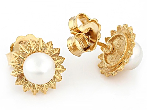 White Cultured Freshwater Pearl 18K Gold Over Silver Sunburst Stud Earrings, 6.5-7mm