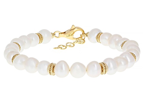 Cultured Freshwater Pearl 18K Gold Over Sterling Silver Bracelet, 6.5-7mm