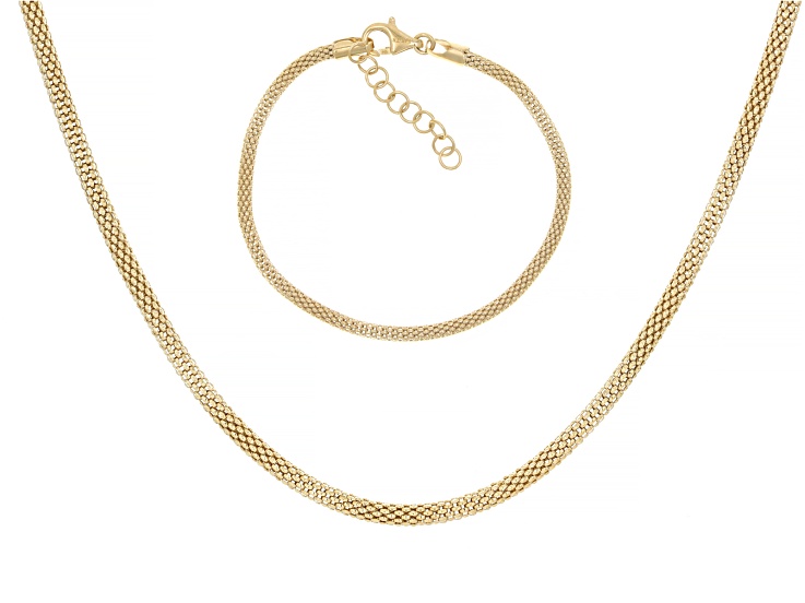 18K Gold Over Sterling Silver Mesh Chain Necklace Bracelet Set