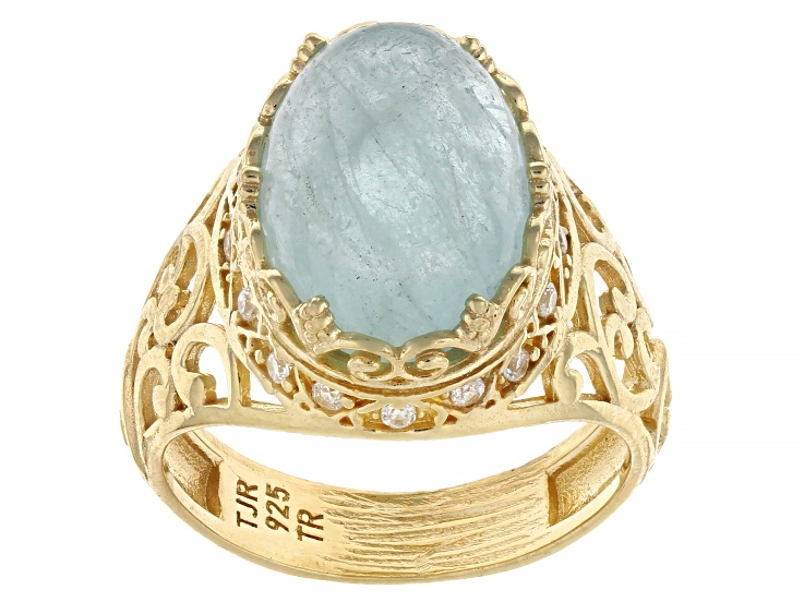 Dreamy Aquamarine With Cubic Zirconia 18K Gold Over Sterling Silver Ring, 14x10mm, 0.18ctw