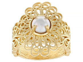 Cultured Freshwater Pearl 18K Gold Over Sterling Silver Filigree Ring, 6.5-7mm