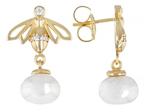 Cultured Freshwater Pearl with Zircon 18K Gold Over Silver Bee Earrings, 10-10.5mm, 0.12ctw