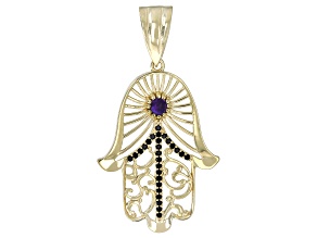 4mm Amethyst & 1.30mm Black Spinel 18K Gold Over Sterling Silver Hamsa Hand Enhancer Pendant