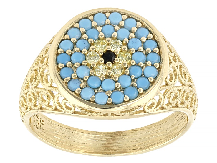 Yellow & Black Cubic Zirconia with Turquoise Color Nano Crystal 18K Gold Over Silver Evil Eye Ring