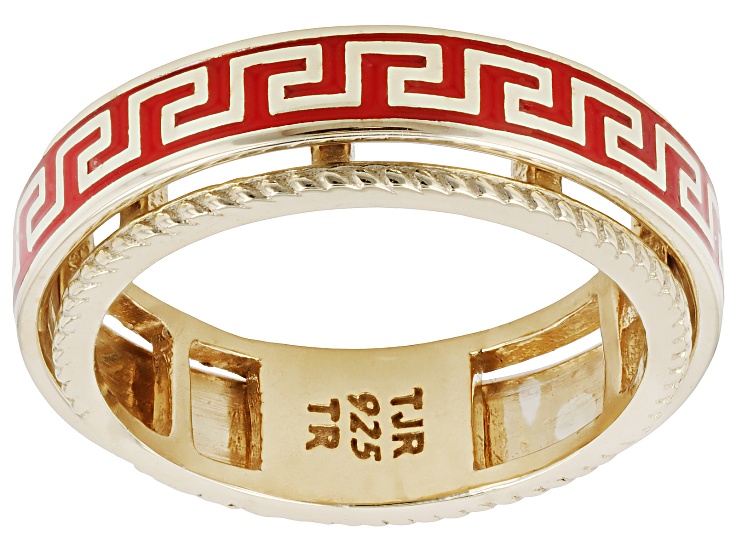 Artisan Collection of Turkeyâ„¢ Red Enamel With Greek Key Design 18k Gold Over Silver Spinner Ring