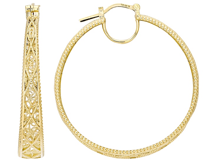 18k Yellow Gold Over Sterling Silver Filigree Gradual Hoop Earrings