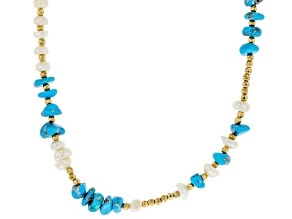 Blue Sleeping Beauty Turquoise Chips With Cultured Freshwater Pearl & Hematine Silver Necklace