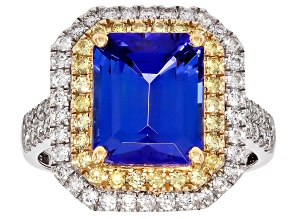 Tanzanite With White & Yellow Diamond Rhodium Over 14k White Gold Two-Tone Ring 5.27ctw