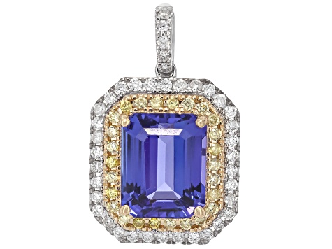 Tanzanite With White Yellow Diamond Rhodium Over 14k White Gold