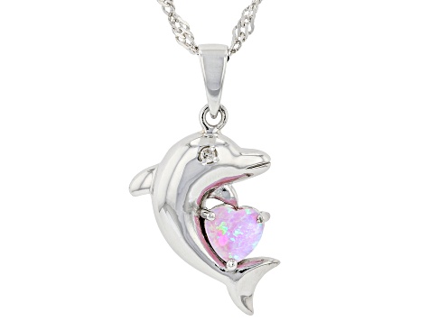 14K White Gold Lab Pink Sapphire with Amethyst Dolphin Heart Necklace