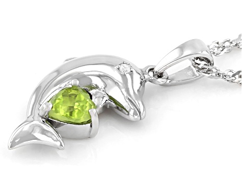 Green Peridot Rhodium Over Silver Dolphin Pendant with Chain 0.44ctw