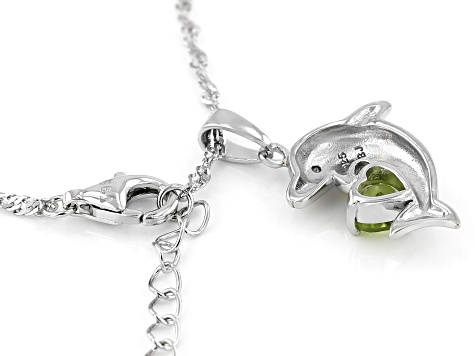 Green Peridot Rhodium Over Silver Dolphin Pendant with Chain 0.44ctw