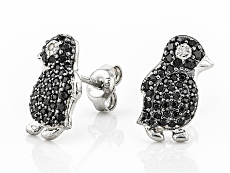 Black Spinel Rhodium Over Sterling Silver Penguin Earrings .67ctw