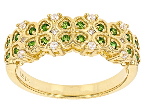 Chrome Diopside with White Zircon Four Leaf Clover 18k Yellow Gold Over Silver Band Ring .32ctw