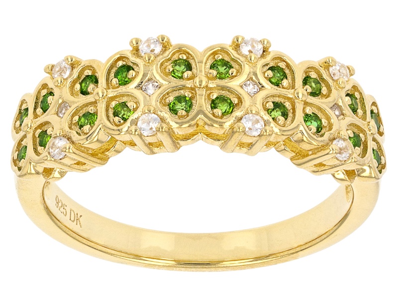 Chrome Diopside with White Zircon Four Leaf Clover 18k Yellow Gold Over Silver Band Ring.32ctw