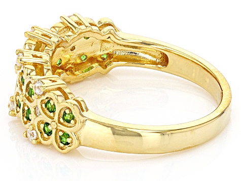 Chrome Diopside with White Zircon Four Leaf Clover 18k Yellow Gold Over Silver Band Ring .32ctw