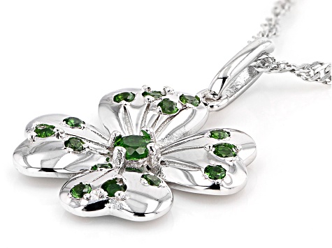 Green Chrome Diopside Rhodium Over Silver Four Leaf Clover Pendant With Chain 0.30ctw