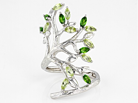 Green Chrome Diopside Rhodium Over Sterling Silver Tree Of Life Ring 1.26ctw