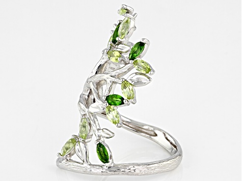 Green Chrome Diopside Rhodium Over Sterling Silver Tree Of Life Ring 1.26ctw