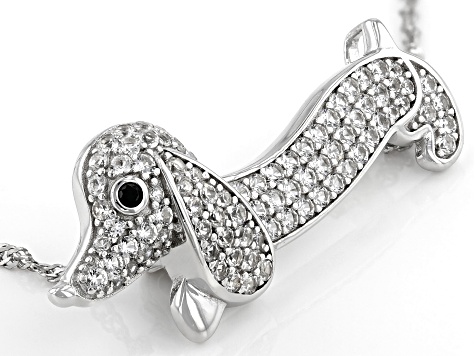 White Lab Created Sapphire Rhodium Over Silver Dachshund Pendant/Brooch Chain 1.70ctw