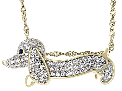 White Lab Created Sapphire 18k Yellow Gold Over Silver Dachshund Pendant/Brooch Chain 1.47ctw