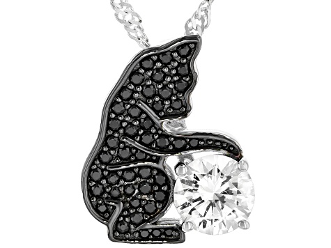 Black Spinel Rhodium Over Silver Cat Pendant with Chain 1.70ctw