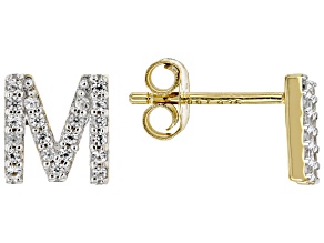 White Lab Created Sapphire 18k Yellow Gold Over Sterling Silver "M" Initial Studs. 0.21ctw