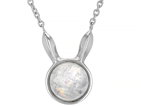 Round Rainbow Moonstone Rhodium Over Sterling Silver Bunny Necklace