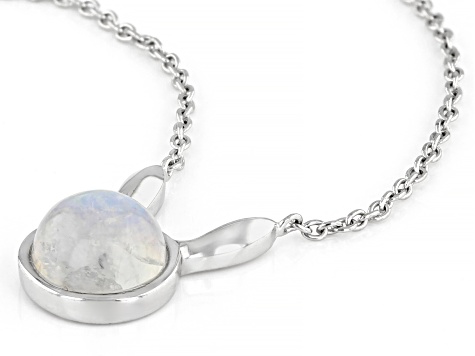 Round Rainbow Moonstone Rhodium Over Sterling Silver Bunny Necklace