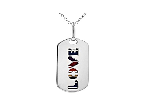 Multi-Color Enamel Rhodium Over Sterling Silver 2 Piece Overlay "Love" Dog Tags With Chain